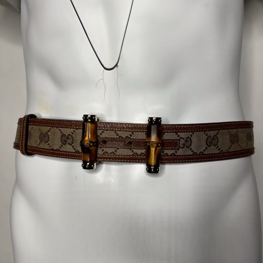 Gucci Bamboo Brown Gold Tan Leather Jackie Fabric GG Monogram Belt - Picture 1 of 10